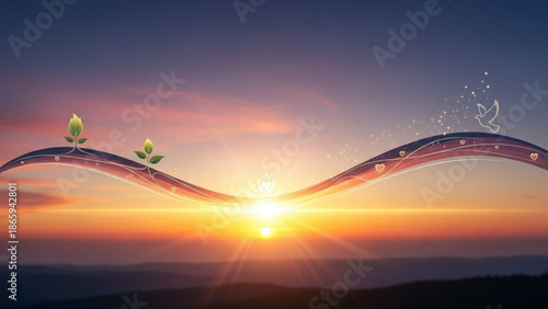 Sustainable Energy Wave with Leaves at Sunset, Renewable Energy Concept, Eco Friendly Technology