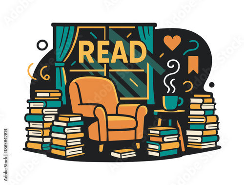 Cozy Reading Haven. Cozy reading nook with book stacks. A soft chair sits by a window, surrounded by tidy stacks of books on the floor and a small side table