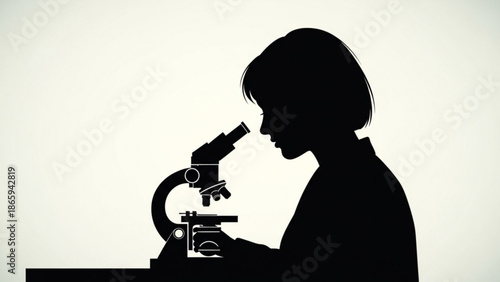 Woman Scientist Using Microscope Silhouette on White Background