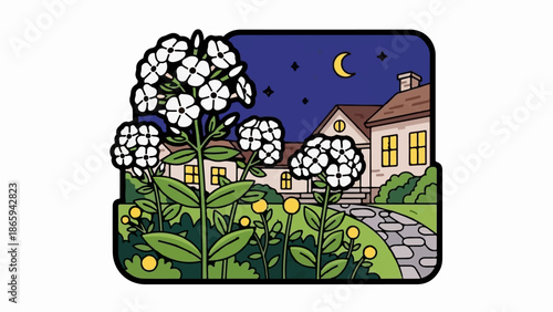 White flowers bloom near quaint homes under a starry night sky with a crescent moon