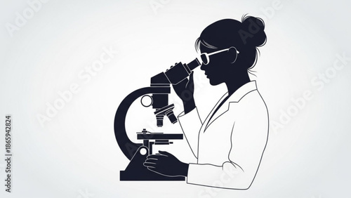 Female Scientist Using Microscope in Laboratory, Silhouette Illustration