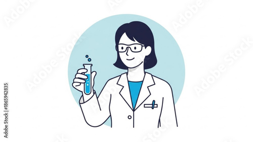 Female Scientist Holding Test Tube with Blue Liquid in Laboratory Setting