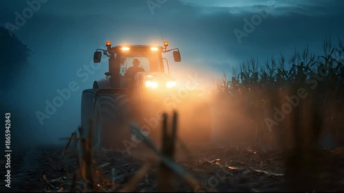 Farmer driving modern tractor with bright headlights through foggy cornfield at night