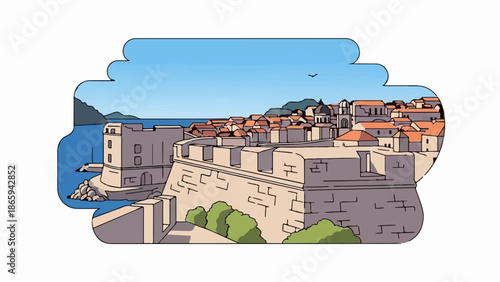 Stylized coastal city with fortified walls and terracotta rooftops under a clear blue sky