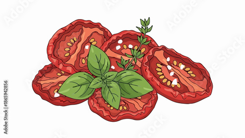 Sliced tomatoes and fresh basil leaves arranged on a white background