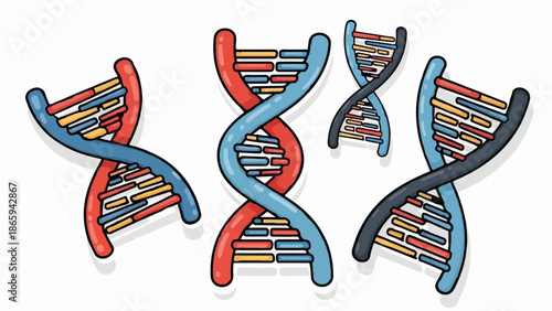 Stylized, colorful DNA double helix structures in varying sizes and shades