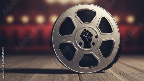 Film Reel on Wooden Floor in Theater with Red Curtain Background