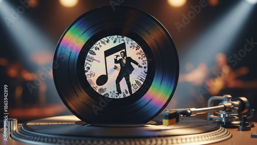 Vinyl Record Player with Dancer on Stage under Spotlight