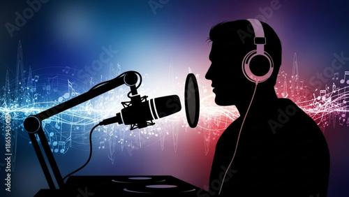 Singer Recording Song in Studio with Microphone and Headphones