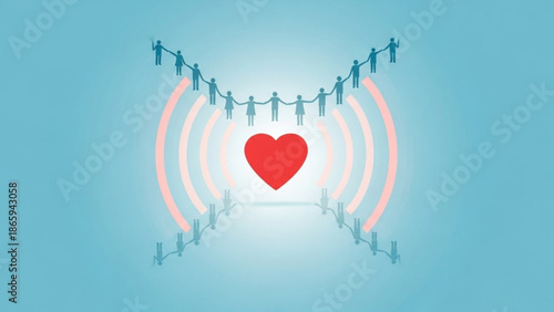 Red Heart Surrounded by People Silhouettes on Blue Background