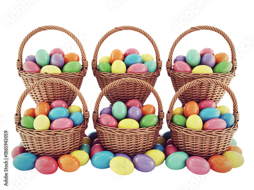 Easter sunday celebration with colorful eggs in wicker baskets isolated on transparent background