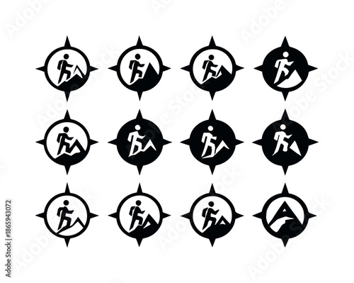 Mountain Hiking Icons. Hiking up a mountain. Icon set. Set Logo of hiking up a mountain: compass pointing toward summit. harmonious logo variations of the same