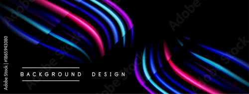 Abstract design features vibrant curves, flowing shapes. Dark background emphasizes bright neon colors, creating dynamic visual effect.