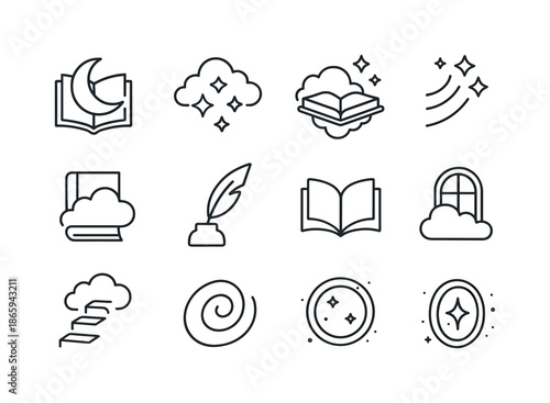 Dreamy Book Icons. Dreamy book world. Line icon set of dreamy book world: moon book, dream cloud, floating island book, star trail, cloud cover, magic quill,