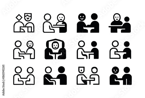 Non-Verbal Icons Grid. Non-verbal communication in interviews. Icon set. Set Logo of Non-verbal communication in interviews: facial expression. harmonious logo