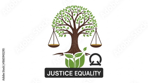 Justice Equality Tree with Scales and Leaves Symbolizing Balance and Harmony
