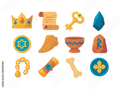 Lost Artifacts Icons. Lost artifacts. Colorful flat vector icons set of lost artifacts: broken crown, weathered scroll, ancient key, obsidian shard, mystical