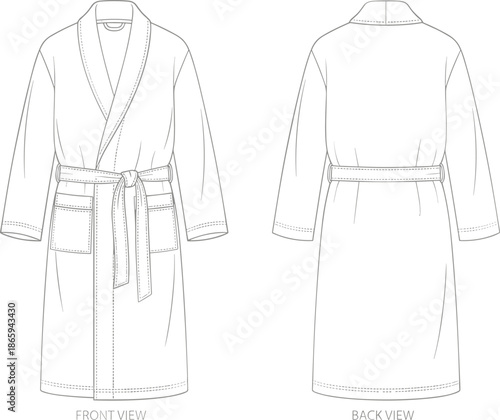 Bathrobe technical sketch, front and back view, fashion flat drawing, shawl collar, belt waist, patch pocket, flat vector illustration
