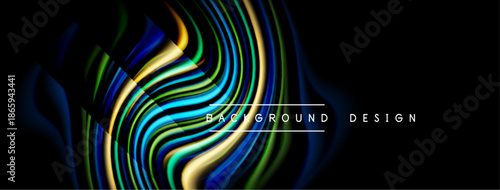 Abstract colorful waves form dynamic background. Bright lines create flowing pattern, contrasting dark space. Modern design element.