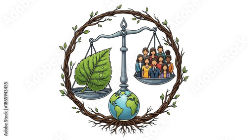 Environmental Balance Scale with Earth and People Illustration
