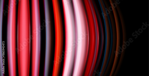 Abstract lines create curved pattern. Red, pink, blue hues dominate dark background. Modern digital art composition.