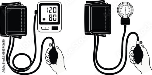 Digital vs manual blood pressure monitor illustration, medical device comparison, healthcare concept, vector art, diagnostic equipment sketch