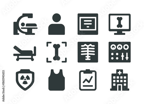 Radiology Icon Set. Hospital Radiology. Solid icon set of Hospital Radiology: x-ray room, technician figure, film tray, monitor screen, medical bed, bone scan,