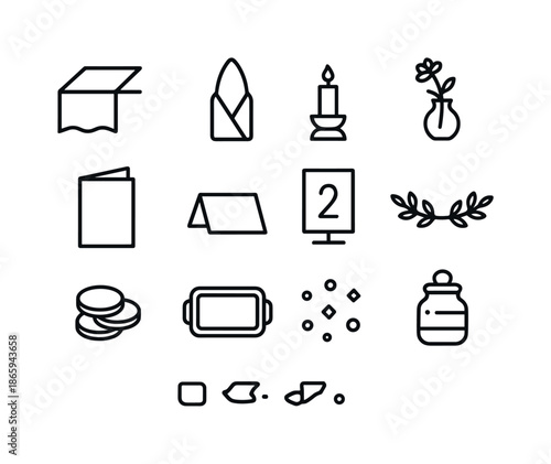 DIY Table Icons. DIY table decor. Line icon set of DIY table decor: table runner, napkin fold, candle holder, mini vase, menu card, place card, table number,
