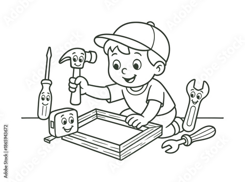Kids Fixing Frame. Old frame repair children?s coloring book illustration, outlined drawing, child fixing a simple wooden picture frame with friendly tools