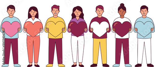 Diverse people holding colorful hearts illustration, unity and love theme, inclusive design, Valentine’s Day concept, vector art