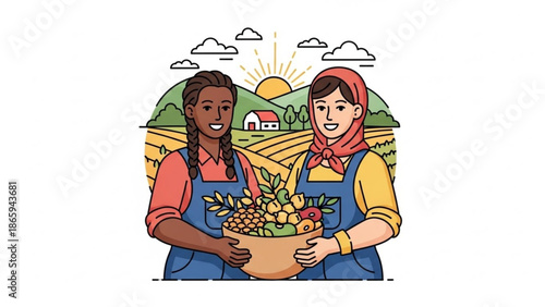 Diverse Farmers Exchanging Fresh Produce in Countryside during Sunset