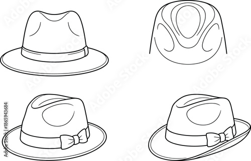 Fedora hat line drawing illustration set, classic headwear sketch, fashion accessory design, black and white vector art