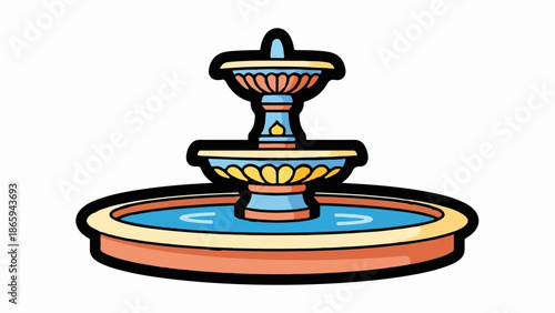 Stylized, colorful multi-tiered fountain with water basin