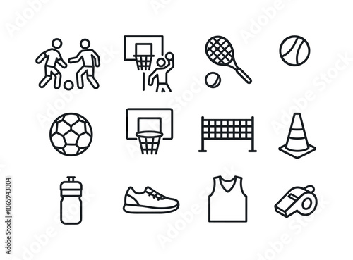 Recreational Sports Icons. Recreational Sports. Line icon set of Recreational Sports: casual soccer, street basketball, tennis practice, ball, hoop, racket,