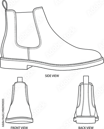 Flat vector illustration, technical Chelsea boot sketch, multi-view design, men’s footwear template, fashion product specification, structured blueprint