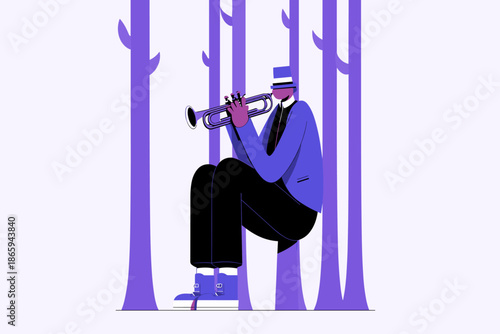 Stylish Musician Playing Trumpet Against a Vibrant Background