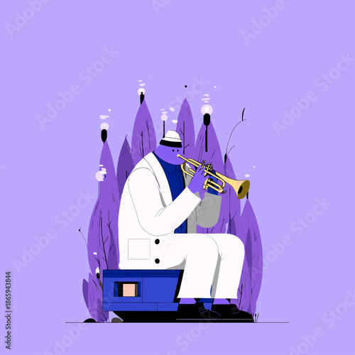 Stylish Musician Playing Trumpet Against a Vibrant Background