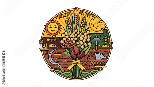 Harvest Wheat and Vegetables Bouquet in Circle Frame with Sun and Moon