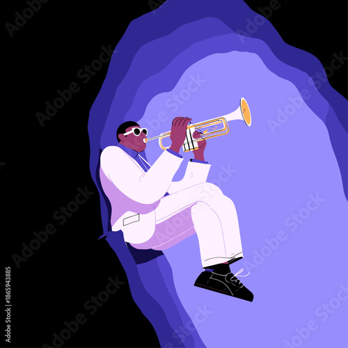 Stylish Musician Playing Trumpet Against a Vibrant Background