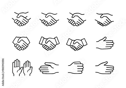 Variety of Handshakes. Handshake. Line icon set of Handshake: greeting handshake, firm handshake, weak handshake, double handshake, business handshake,
