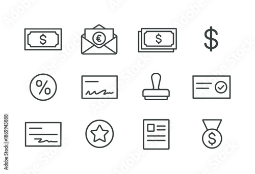 Bonus Check Icons. Bonus Check. Line icon set of Bonus Check: bonus check, envelope, money stack, dollar symbol, percentage sign, check signature line, stamp