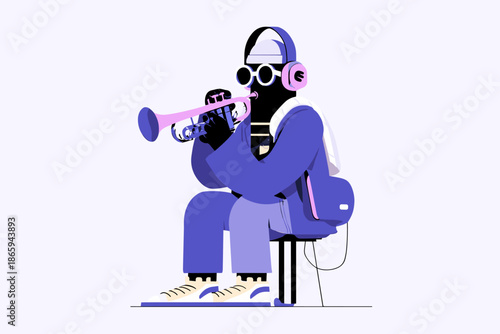 Stylish Musician Playing Trumpet Against a Vibrant Background