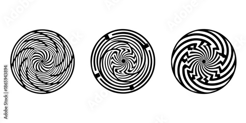 Three different spiral maze designs on a white background, isolated on a transparent background, Vector