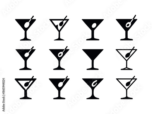 Martini Logo Variations. Martini. Icon set. Set Logo of martini: Martini with olive. harmonious logo variations of the same emblematic concept, each with