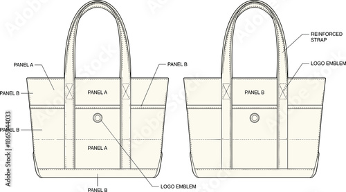 Flat vector illustration, technical tote bag sketch, panel breakdown design, reinforced strap, fashion template, product specification, structured blueprint