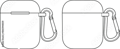 AirPods case technical sketch with carabiner clip, front and back view, minimalist tech accessory blueprint vector illustration