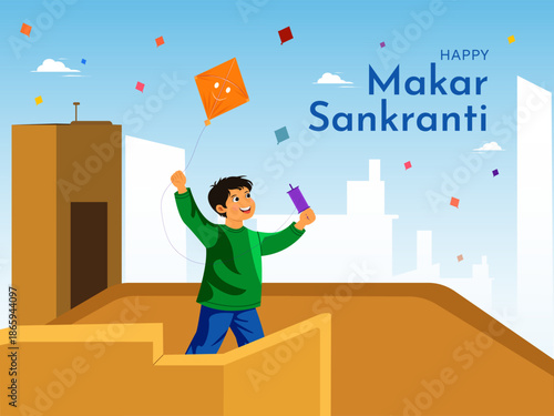 Indian Festival celebration Happy Makar Sankranti poster, banner or web header design vector illustration. A Boy is flying kite on his terrace.