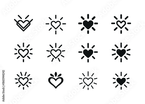 Joyful Emblem Variations. Joy. Icon set. Set Logo of Joy: Heartburst Radiance. harmonious logo variations of the same emblematic concept, each with different