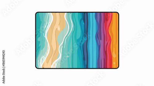 Stylized aerial view of a beach merging into a vibrant rainbow spectrum of colors