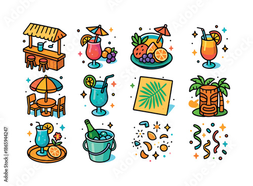 Tropical Drink Icons. Tropical Drink Scenes. Colorful isometric vector icons set of Tropical Drink Scenes: beach bar counter, umbrella drink, fruit platter,